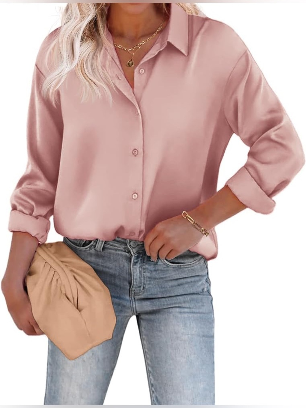 Chigant Satin Silk Button Down Dusty Rose Tan Champagne Blouse Sz XL NWT